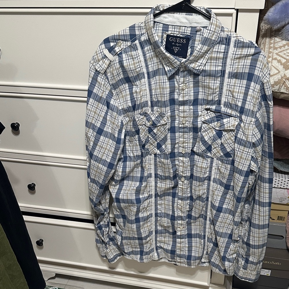GUESS Men's Blue and White Plaid Button-Down Shirt
